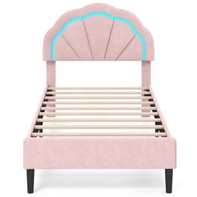 Infans Twin Size Upholstered LED Bed Frame Soft Velvet Platform Bed w/Flower Headboard