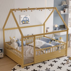 GDFStudio Martha Modern Pine Wood Children's Floor Bed with House Roof Frame - 1 of 4