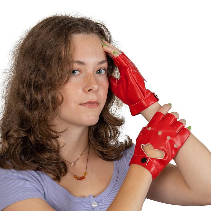 Skeleteen Girls Fingerless Biker Costume Gloves - Red, 3 of 8