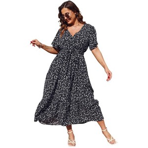 Garvee Women Plus Size V Neck Wrap Maxi Dress High Waist Ruffle Summer Casual Dress with Belt Short Sleeve - 1 of 4