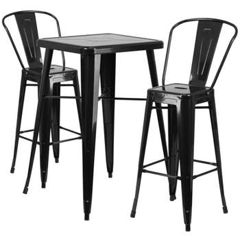 Flash Furniture Commercial Grade 23.75" Square Metal Indoor-Outdoor Bar Table Set with 2 Stools with Backs