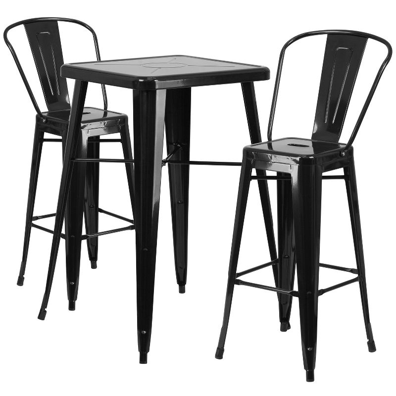 Flash Furniture Commercial Grade 23.75" Square Metal Indoor-Outdoor Bar Table Set with 2 Stools with Backs, 1 of 9