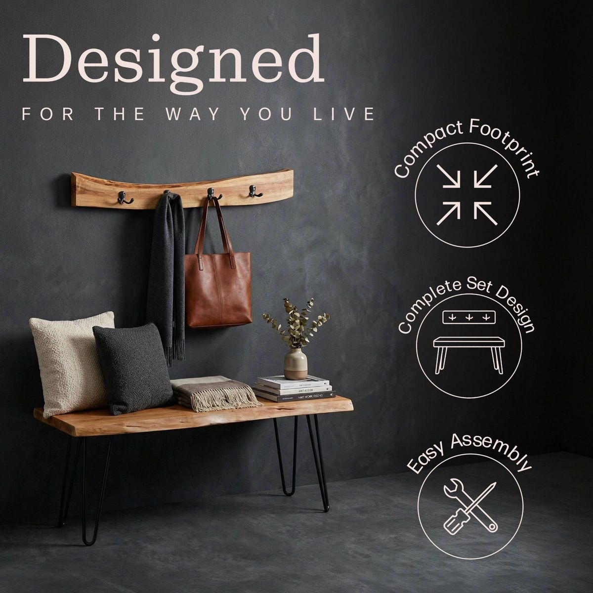 36" Hairpin Live Edge Wood Bench with Coat Hook Set Natural - Alaterre Furniture - thumbnail 7