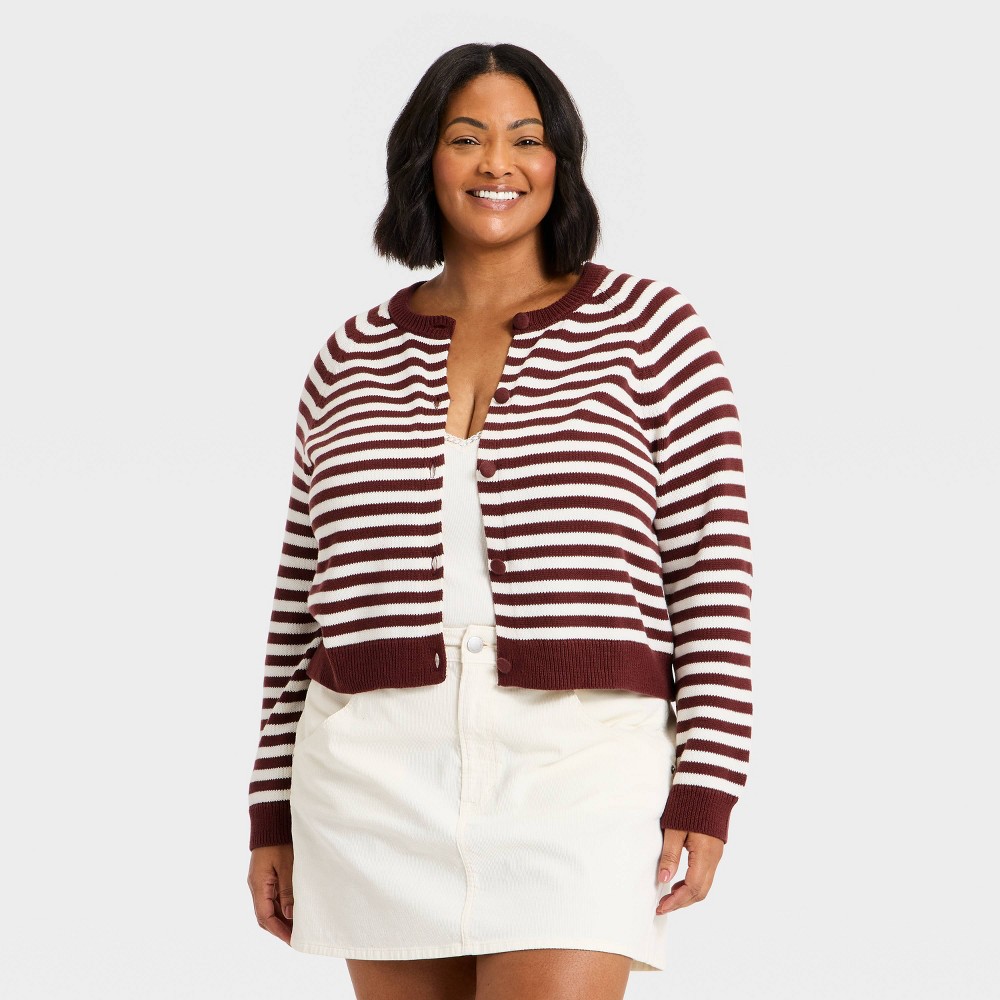 Women's Crewneck Cotton Cardigan - Universal Thread™ Maroon Striped 4X