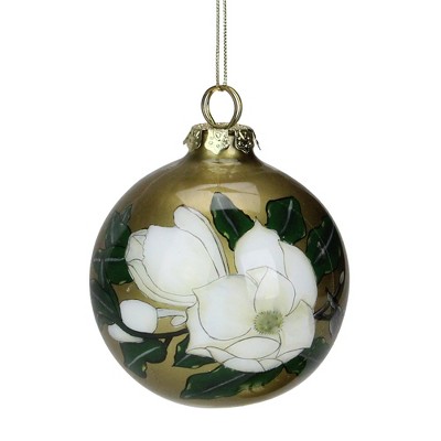 Roman 3.25" Gardenia Flower Hand Blown Glass Ball Christmas Ornament - White/Green