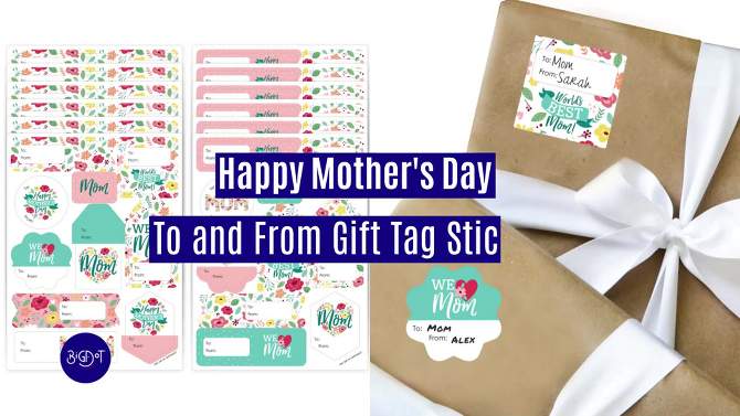 Big Dot of Happiness Colorful Floral Happy Mother's Day - Assorted We Love Mom Party Gift Tag Labels - To and From Stickers - 12 Sheets - 120 Stickers, 2 of 10, play video