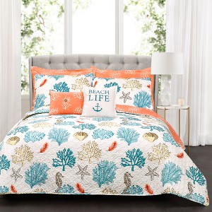 Blue & Coral Coastal Reef Feather Quilt Set (Full/Queen) 7pc - Lush Decor