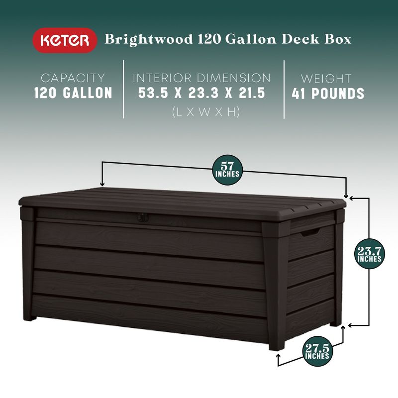 Keter Large 120 Gallon Waterproof All-Weather Resistant Wood Panel Outdoor Deck Garden Storage Box Bench - Brown, 2 of 9