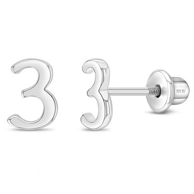 Girls' Polished Number Initial Screw Back Sterling Silver Earrings - In Season Jewelry