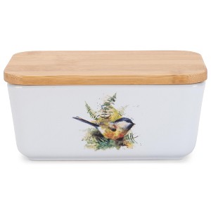 Nat & Jules Dean Crouser Chickadee Watercolor White 6.5 x 4 Ceramic and Bamboo Butter Dish - 1 of 4