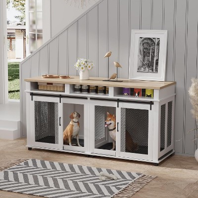 71" Extra Large Dog Crate Furniture, Wooden Double Dog Crates Kennel Cage,Furniture Style Tv Stand Side End Table for 2 Dogs with Removable Divider