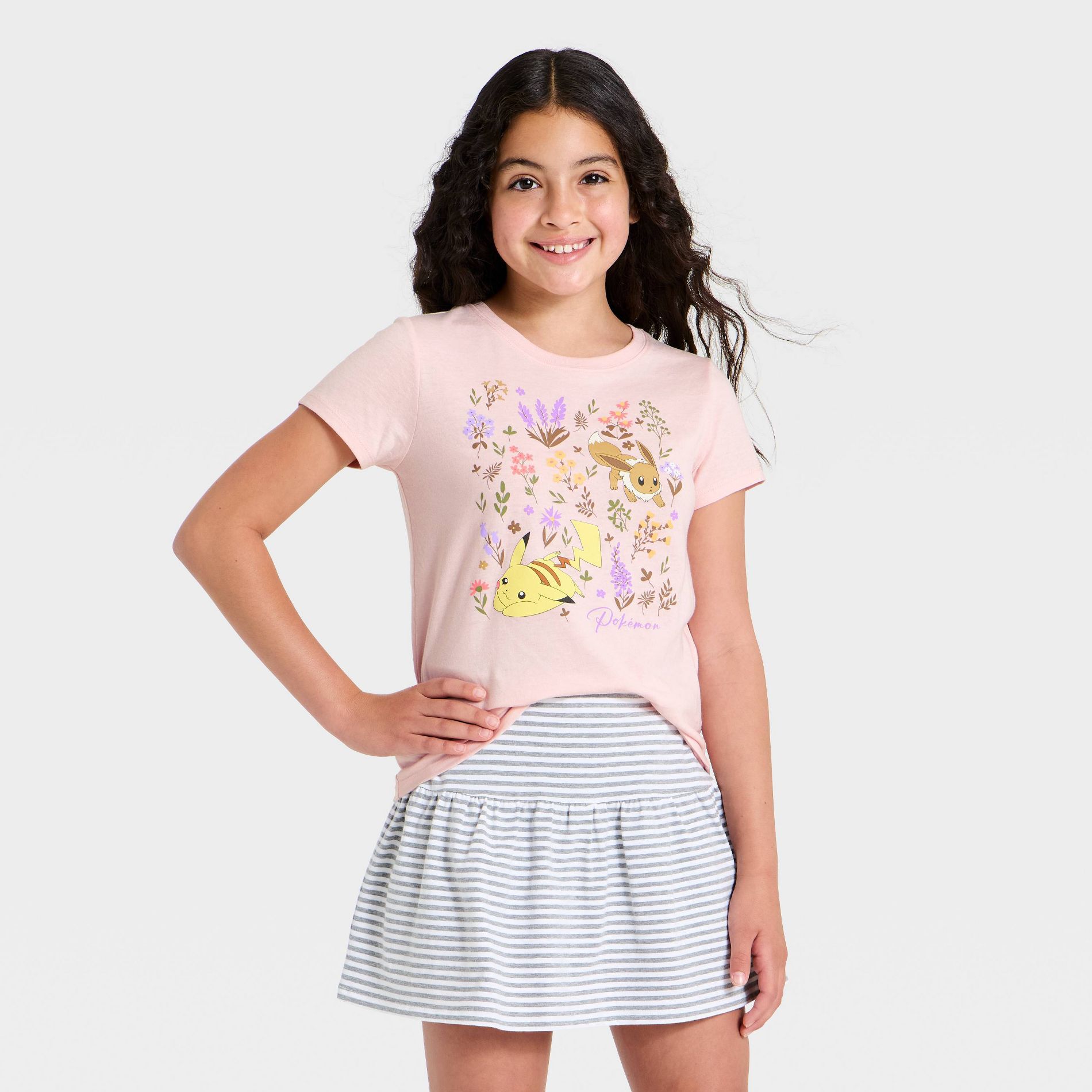 Girls' Pokemon Pikachu and Eevee Short Sleeve Graphic T-Shirt - Light Pink