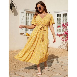 Coolmee Women Plus Size Casual Ruffle V Neck Short Sleeve High Waist Wrap Maxi Dress With Belt - 1 of 4