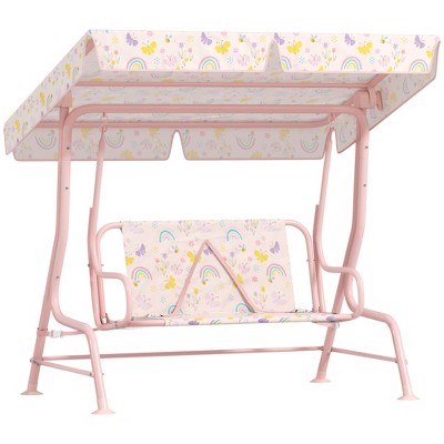Qaba Kids Patio Swing, 2-Seater Outdoor Porch Swing Bench with Adjustable Canopy, Safety Belt for Patio, Garden, Poolside, Balcony