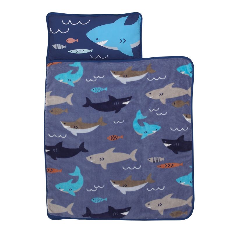 Everything Kids Blue and Grey Shark Toddler Nap Mat with Pillow and Blanket, 2 of 5