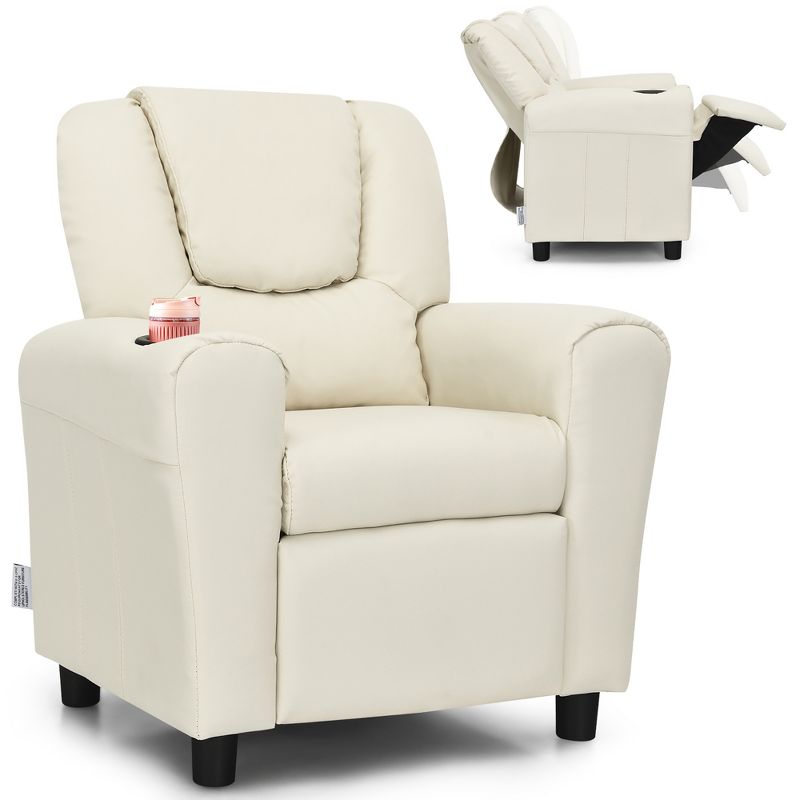 Costway Kids Recliner Chair PU Leather Armrest Sofa w/Footrest Cup Holder Beige\Brown, 1 of 11