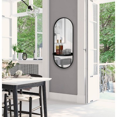 Estero 16" x 38" Black Metal Oval Wall Mirror with Shelf