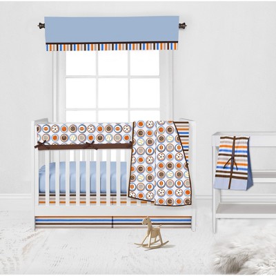 Bacati - Mod Sports Blue Orange Chocolate 6 pc Crib Bedding Set with Long Rail Guard Cover