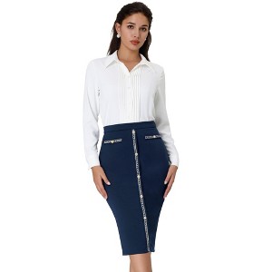 INSPIRE CHIC Women's High Waist Business Work Tweed Trim Button Decor Bodycon Skirts - 1 of 4
