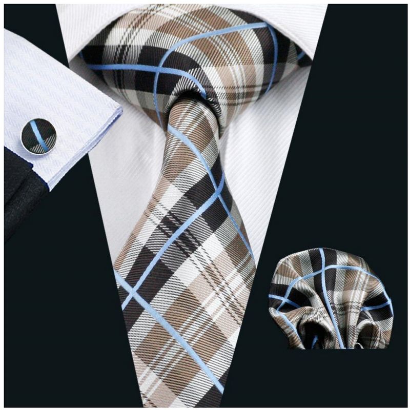 Men's Brown, Black And White Plaid 100% Silk Neck Tie With Matching Hanky And Cufflinks Set, 2 of 5