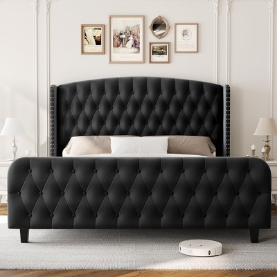 Bed Frame with Deep Button Tufted Wingback Headboard and Footboard, Velvet Upholstered Platform Frame, No Box Spring, Easy Assembly