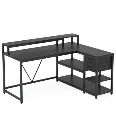 Resenkos Computer Desk, Office Desk, Study Desk,Reversible L-Shaped Desk, Industrial Corner Desk with Drawer & Shelves,Black
