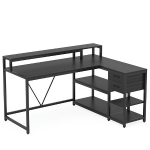 Resenkos Computer Desk, Office Desk, Study Desk,Reversible L-Shaped Desk, Industrial Corner Desk with Drawer & Shelves,Black - 1 of 4