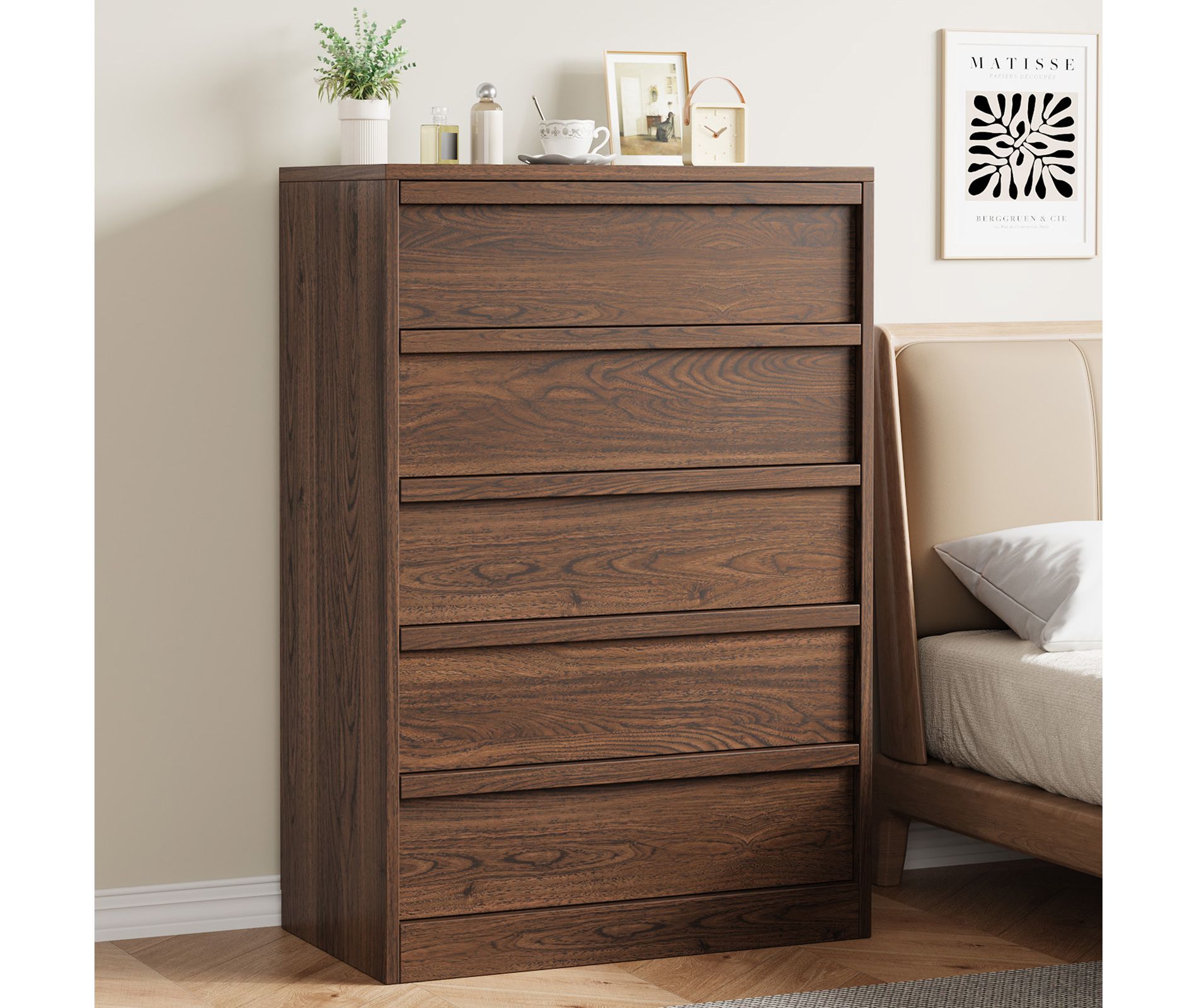 Walnut 5 Drawer Dresser for Bedroom, Modern 5 Chest of Drawers with Handle-free Design, 43in Tall Closet Organizer for Bedroom, Living Room, Nursery