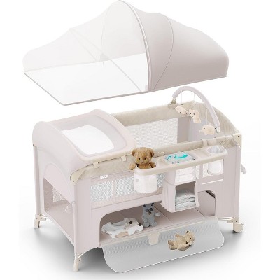 BabyBond All in 1 Baby Bassinet Bedside Crib Portable Large Playard Pack and Play with Mattress, Mosquito Net, Bottom Storage(Beige)