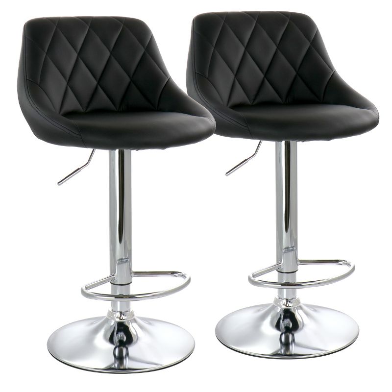 Elama 2 Piece Diamond Stitched Faux Leather Bar Stool in Black with Chrome Base and Adjustable Height, 1 of 12