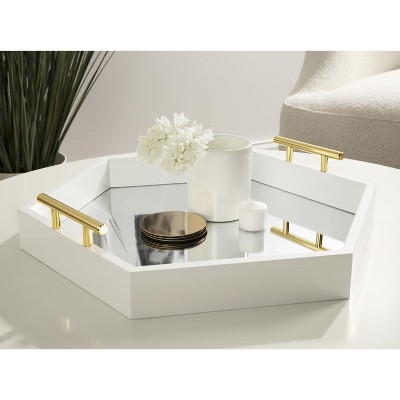 White and Gold Hexagon Wood Accent Tray with Mirror
