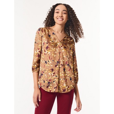 Jones New York Printed V-Neck Pleated Kelly Blouse