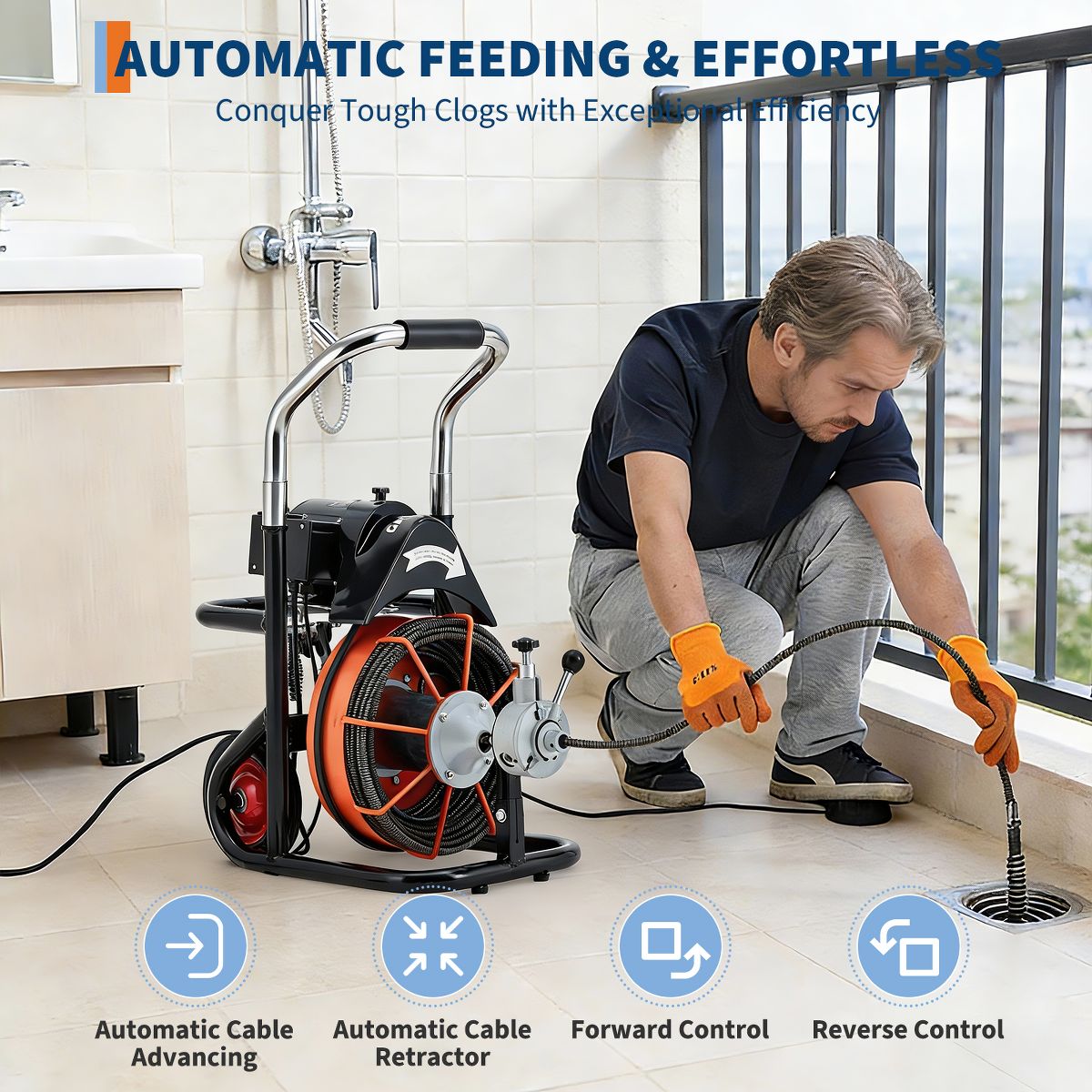 100FT x 1/2 Inch Electric Drain Cleaning Machine, 450W Auto Feed Sewer Snake with 10 Cutters and Foot Switch, Carbon Steel, Ships in 2 Boxes - thumbnail 6