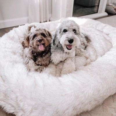 Human-Size White and Brown Faux Fur Memory Foam Dog Bed
