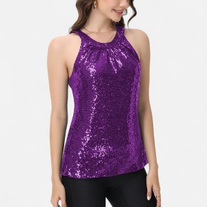Anna-Kaci Women's Sleeveless Sequin Halter Top with Pleated Neckline and Sparkling Finish - 1 of 4