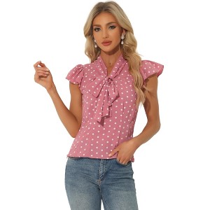 INSPIRE CHIC Women's Polka Dots Tie V Neck Flutter Cap Sleeve Blouse - 1 of 4