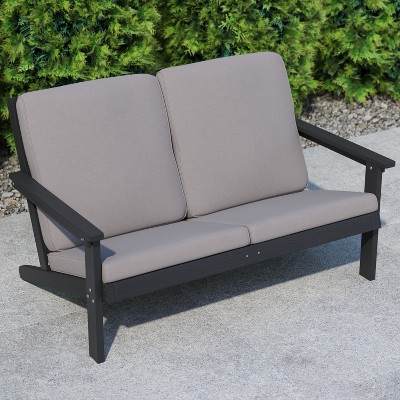 Black Poly Resin Wood Adirondack Patio Loveseat with Cushions