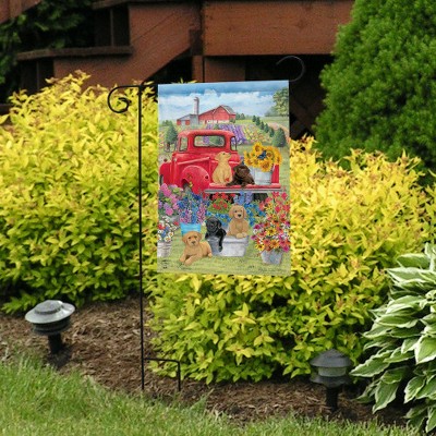 Spring Day Puppies Garden Flag with Red Truck and Flowers