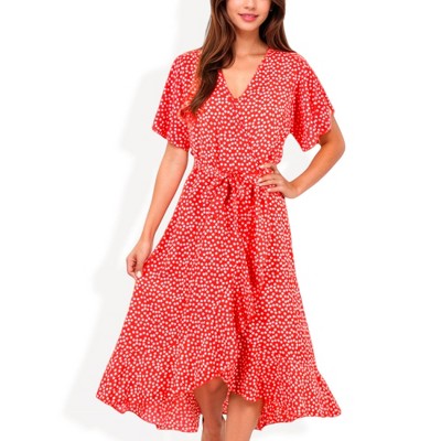 Anna-Kaci Women's V-Neck Flutter Sleeve Midi Dress with Belted Waist and Ruffle Hem