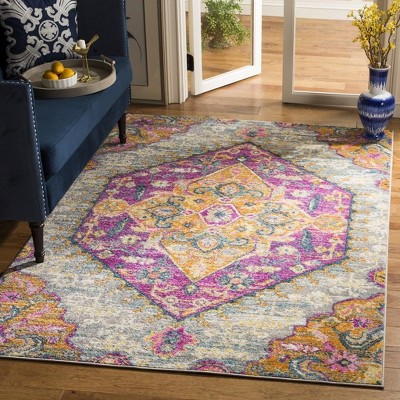 Light Grey and Fuchsia Synthetic Bohemian Area Rug