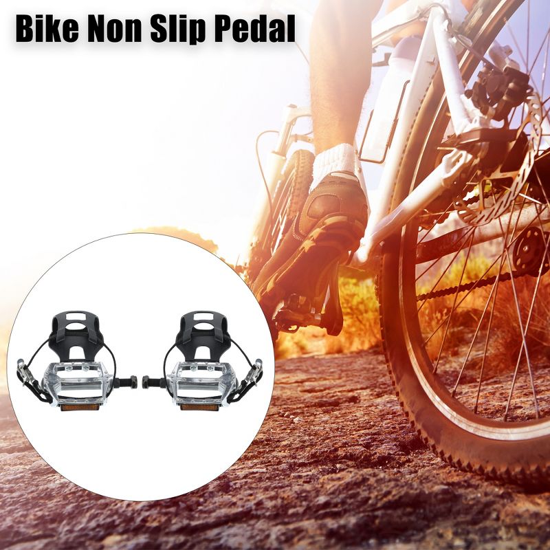 Unique Bargains Bicycle Pedals 12.7mm 1/2'' Spindle Platform with Toe Clips Fixed Foot Strap Black Silver Tone 1 Pair, 5 of 7
