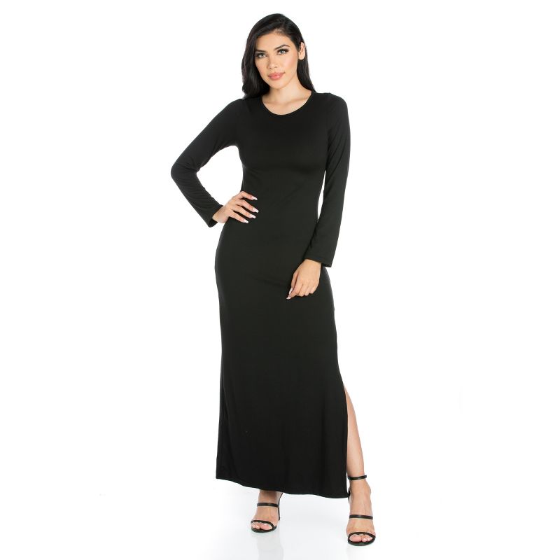 24seven Comfort Apparel Long Sleeve Side Slit Fitted Black Maxi Dress, 1 of 7
