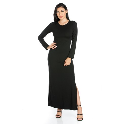 Long Sleeve Side Slit Fitted Black Maxi Dress-black-m : Target