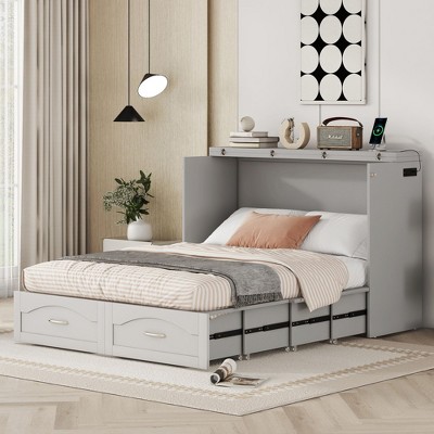 NicBex Full Size Murphy Bed 80.5" Wooden Frame Murphy Bed Cabinet Morden Hideaway Wall Bed with USB Ports for Living Room