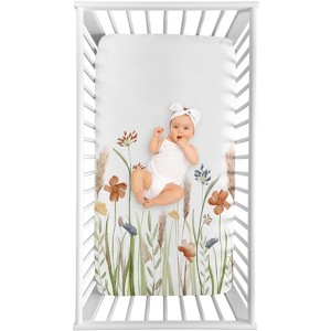 Sweet Jojo Designs Girl Photo Op Fitted Crib Sheet Watercolor Floral Garden Green Beige and Blue - 1 of 4