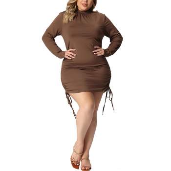 Agnes Orinda Women's Plus Size Bodycon Drawstring Ruched Long Sleeve Party Cocktail Mini Dress