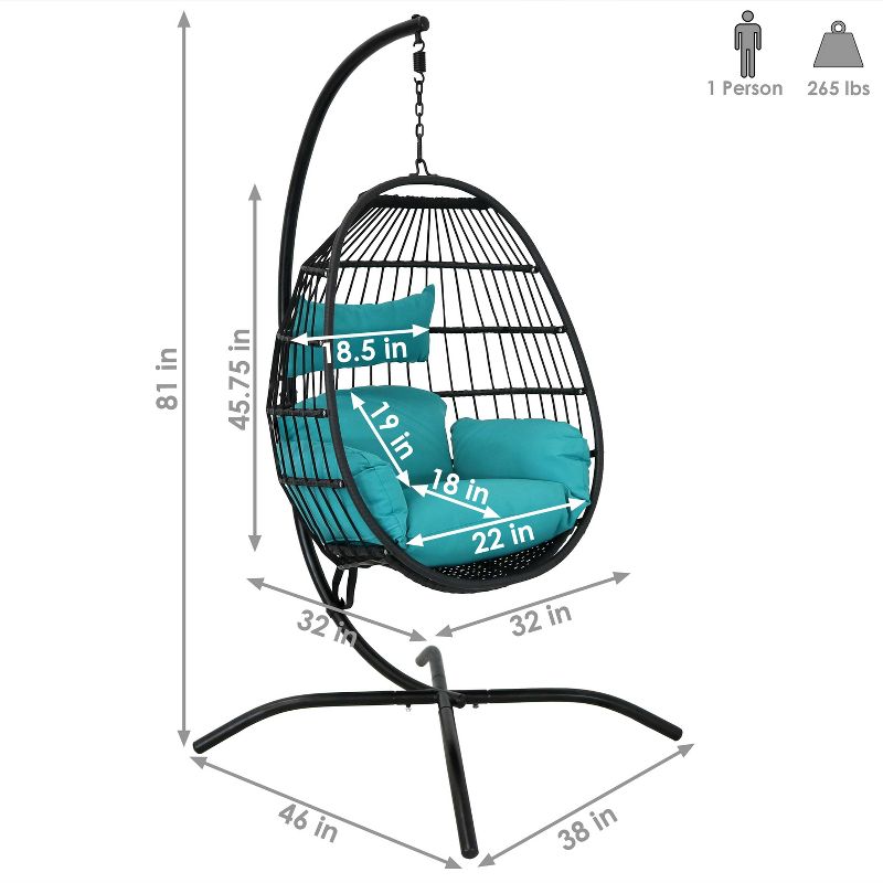 Sunnydaze Outdoor Resin Wicker Patio Dalia Hanging Basket Egg Chair with Cushions, Headrest, and Steel Stand Set - Teal - 3pc, 4 of 13