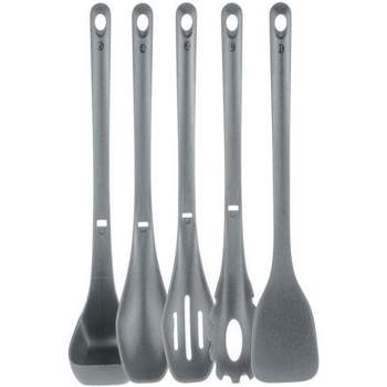 NutriChef Kitchen Cooking Utensils Set-Includes Spatula, Pasta Fork, Solid Spoon, Slotted Spoon & Tool Seat,(Gray)