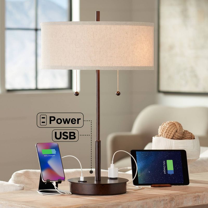 360 Lighting Modern Accent Table Lamp with USB and AC Power Outlet 23 1/2" High Bronze Fabric Drum Shade for Bedroom Living Room House Desk Bedside, 2 of 10