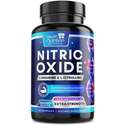 Extra Strength Nitric Oxide Supplement 3X Strength L Arginine, Citrulline Malate, AAKG, Beta Alanine - 60 Capsules By Health Nutrition Naturals
